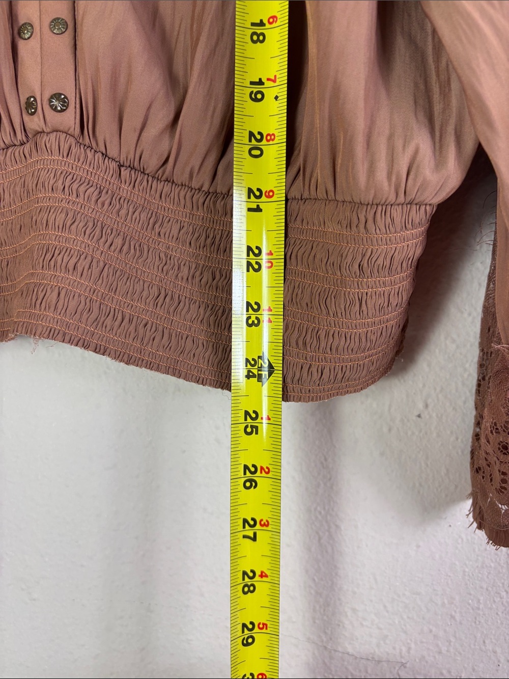 Ramy Brook Copper Brown Smocked Top V-neck Flare Lace Sleeves sz Large - Picture 7 of 9